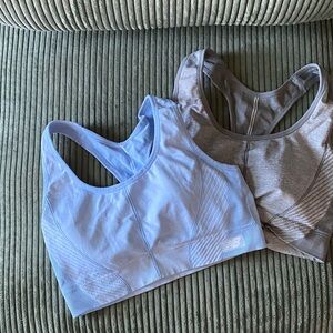 New Balance Dual Pack Seamless Sports Bras in Light Blue and Taupe